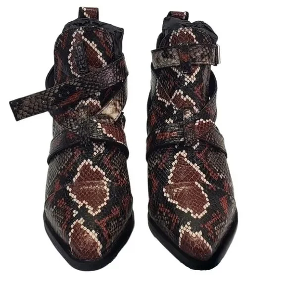 ALL SAINTS "Darcy" Red Leather Snake Print Pointed Toe Buckle Bootie 36 - Picture 2 of 10